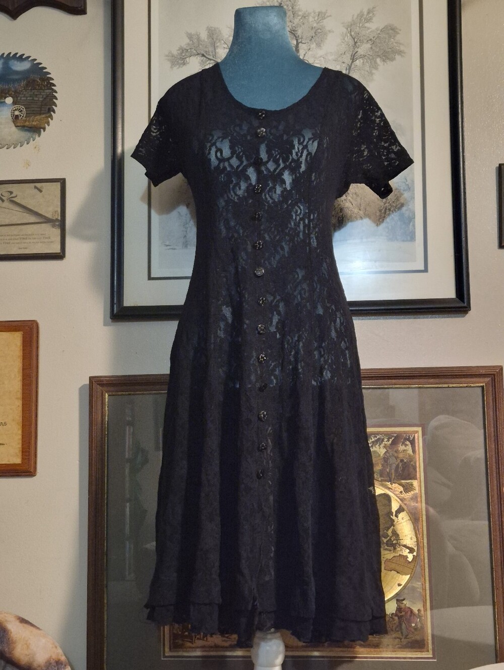 Gothic Black Lace Sheer Button Front Midi Dress Corset Back Small